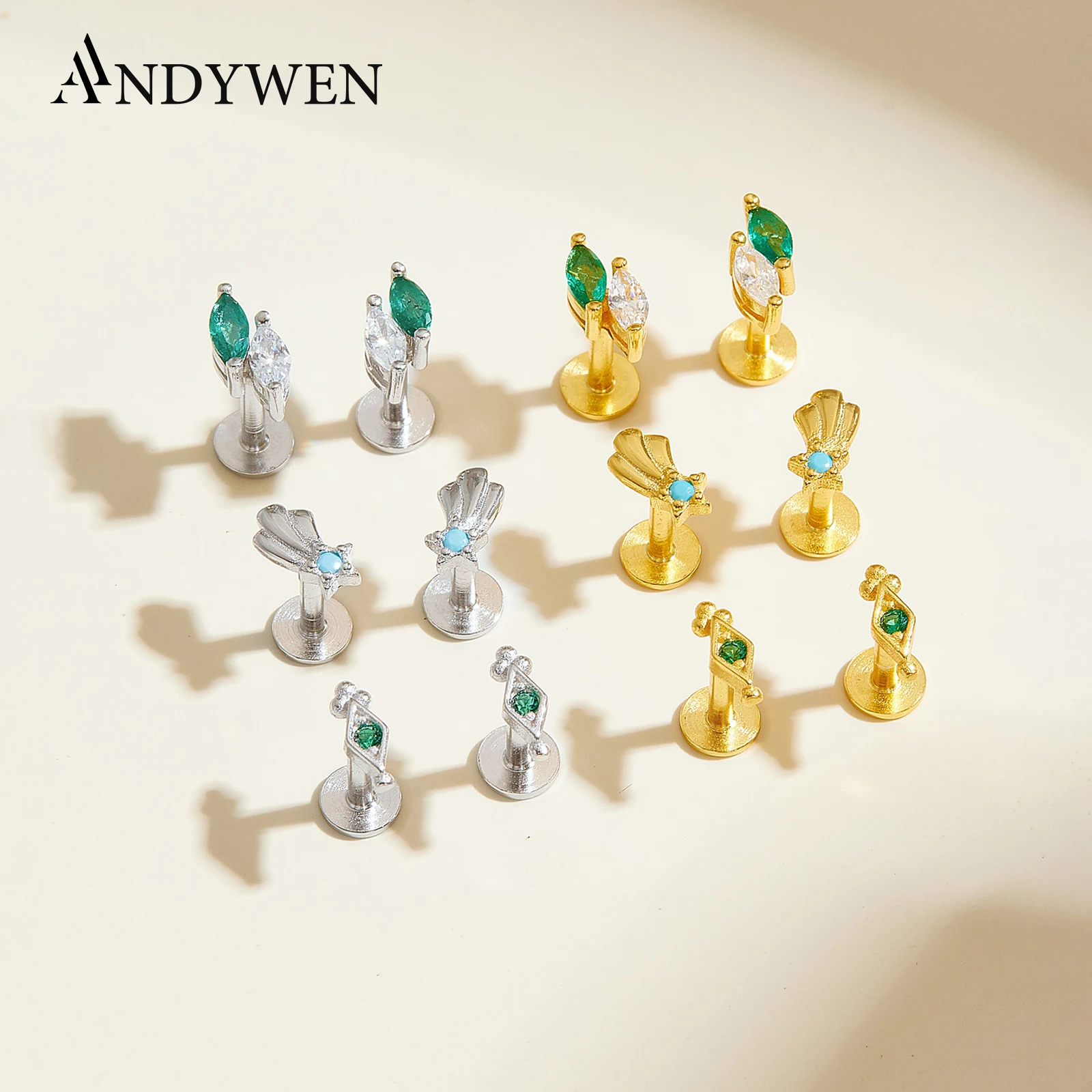 

ANDYWEN Набор разноцветных серег-гвоздиков для пирсинга из стерлингового серебра 925 пробы: зеленый циркон, модные повседневные крошечные ювелирные изделия 2025 года, подарок