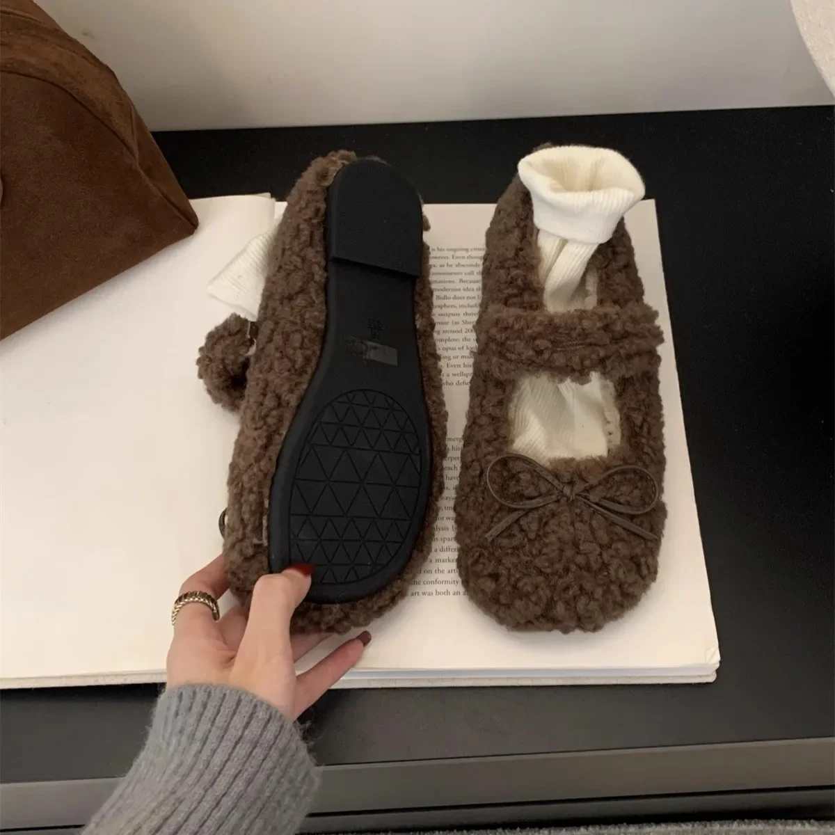 Women\'s Shearling Ballet Flats with Strap Warm Rabbit Fur Plush Lined Crystal Buckle Mary Jane Flat Shoes
