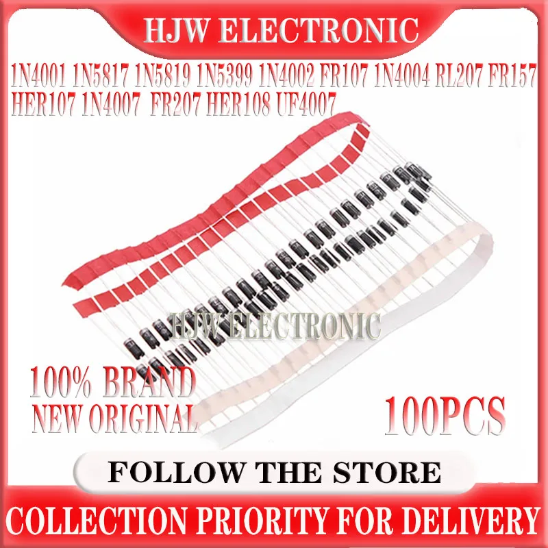 100pcs 1n4007 1n5819 1n4001 Uf4007 Fr107 Fr157 Fr207 1n4004 1n4002 Her107 Rl207 1n5817 1n5399 Do-41 Rectifier Diode