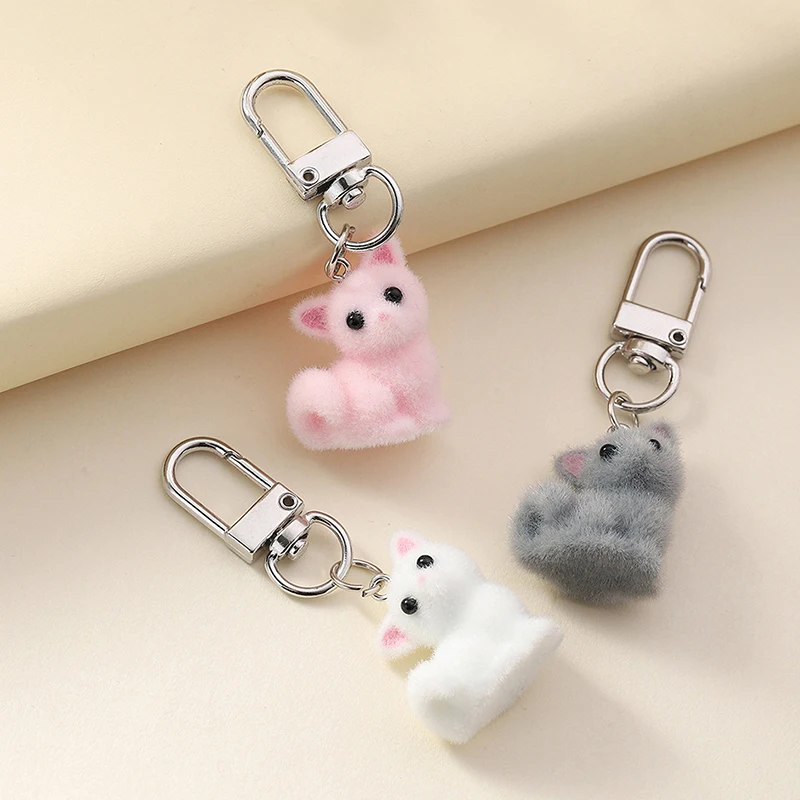 1PC Cartoon 3D Flocking Cat Keychain Cute Cat Animal Key Ring Souvenir Gifts For Women Men Car Keys DIY Jewelry