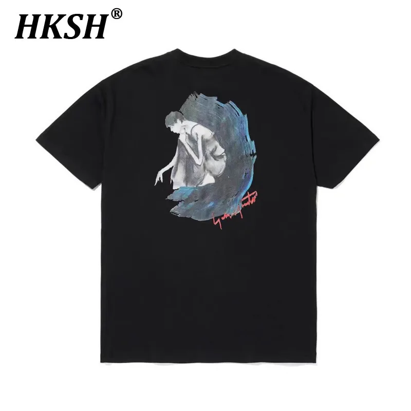 HKSH Men Yamamoto Style Beauty Print Embroidery T-shirt Cotton Loose Knit Short Sleeved Tees Dark Punk Fashion Streetwear HK3737