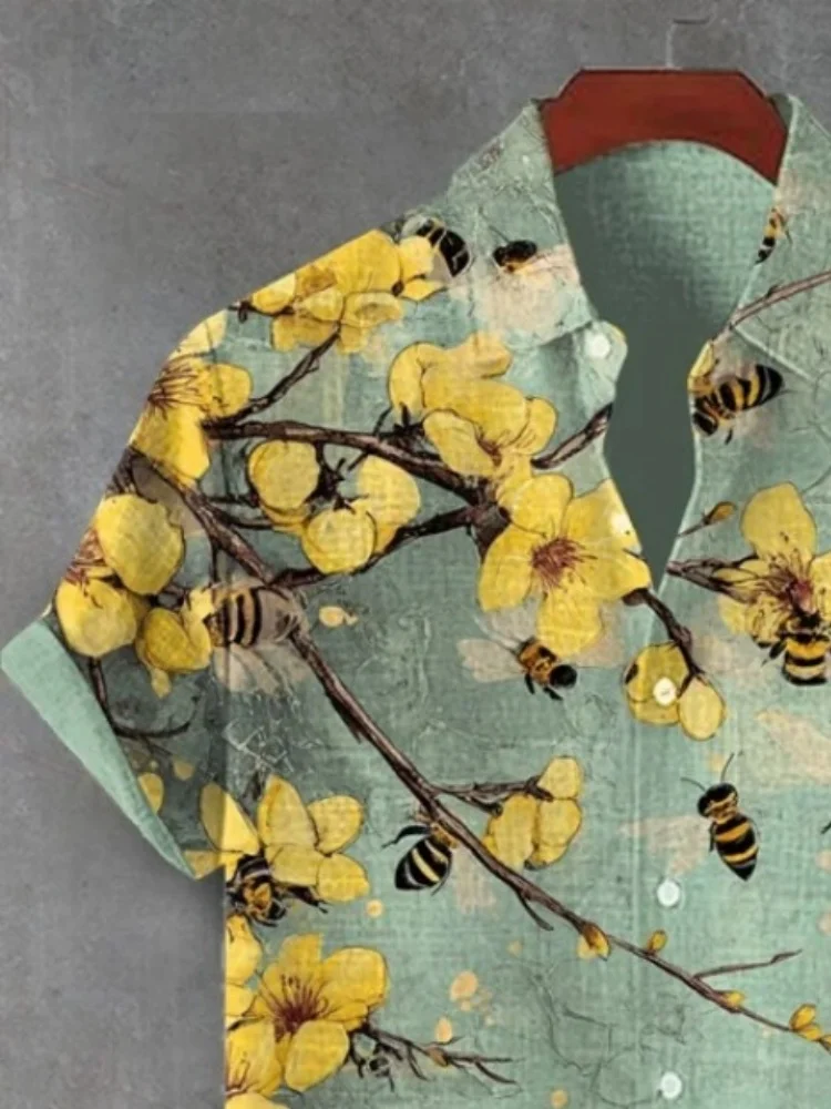 Men's A Bunch Of Bees Surround Yellow Plum Blossoms Art Print Short Sleeve Shirt Boho Blouse Single Breast Summer 2025 Tops Male