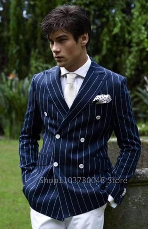 Navy Blue Striped Suits Blazer for Men Slim Fit Peak Lapel Double Breasted Men Suit Jacket 1 Piece Italian Style Fashion Coat