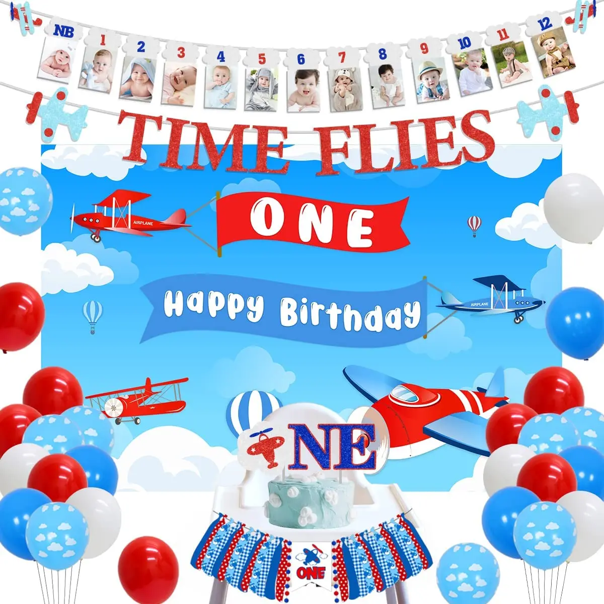 Sursurprise-Airplane Theme Photo Banner with Airplane Backdrop, 1st Birthday Party Decoration Supplies, Time Flies, First Birthd