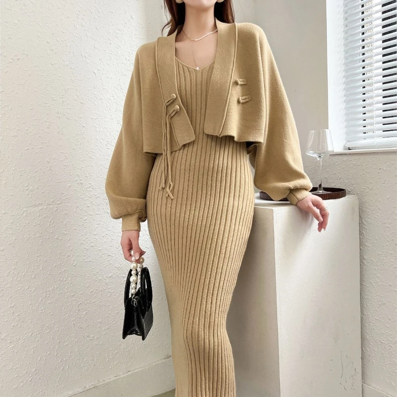 Popular Early Autumn Female Suit Temperament Girl Cardigan Top Small Halter Dress Son Sweater 2-piece Set Skirt Show Thin Women