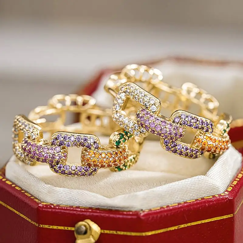 Huitan Gorgeous Chain Linked Women Hoop Earrings with Multiple Colors CZ Aesthetic Party Anniversary Accessories Trendy Jewelry