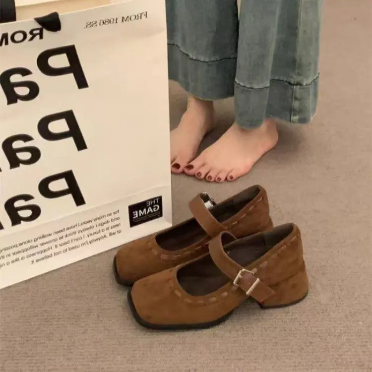 

Новые французские ретро-туфли Мэри Джейн 2025 года с квадратным носком, на толстом каблуке, замшевые