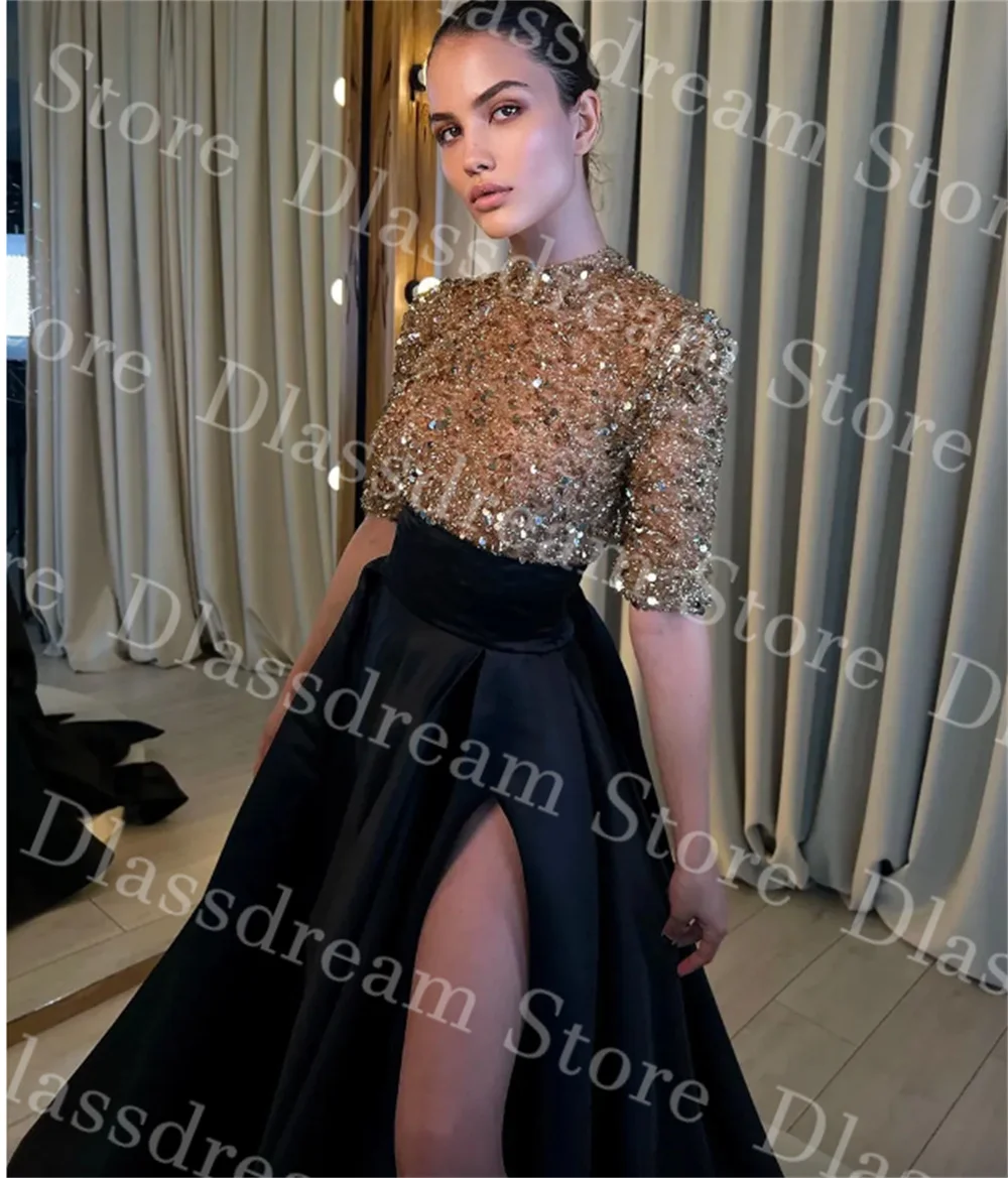 Elegant A Line Evening Dresses Black High Neck Short Sleeves Sequins Party Prom Dress Sweep Train Long Dress платье женское