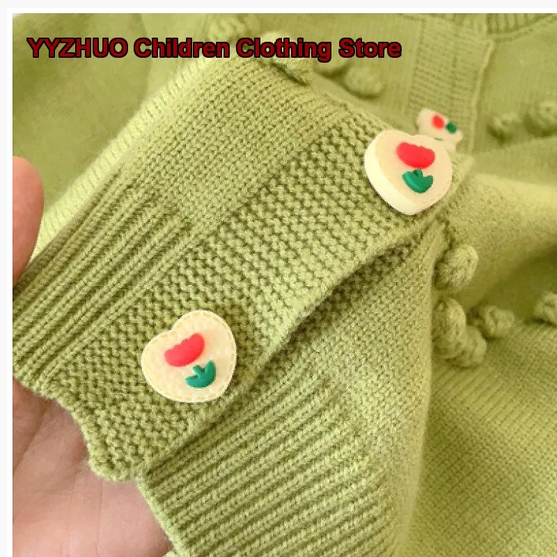Girls Knit Cardigan Baby Girl Spring Autumn Round Neck Long Sleeves Solid Color Sweet Fresh Puff Sleeves Hollow Out Top
