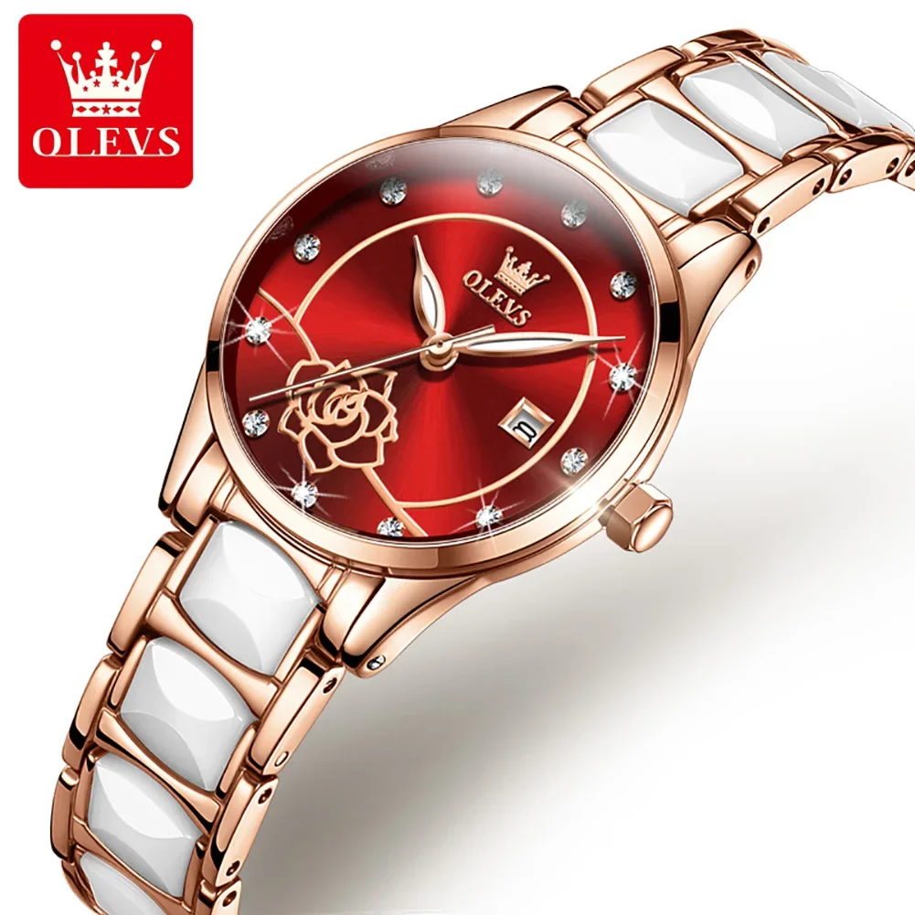 OLEVS 3606 Fashion Ceramic Strap Women Wristwatch, Diamond-encrusted Waterproof Japan Quartz Watch For Women Luminous Calendar