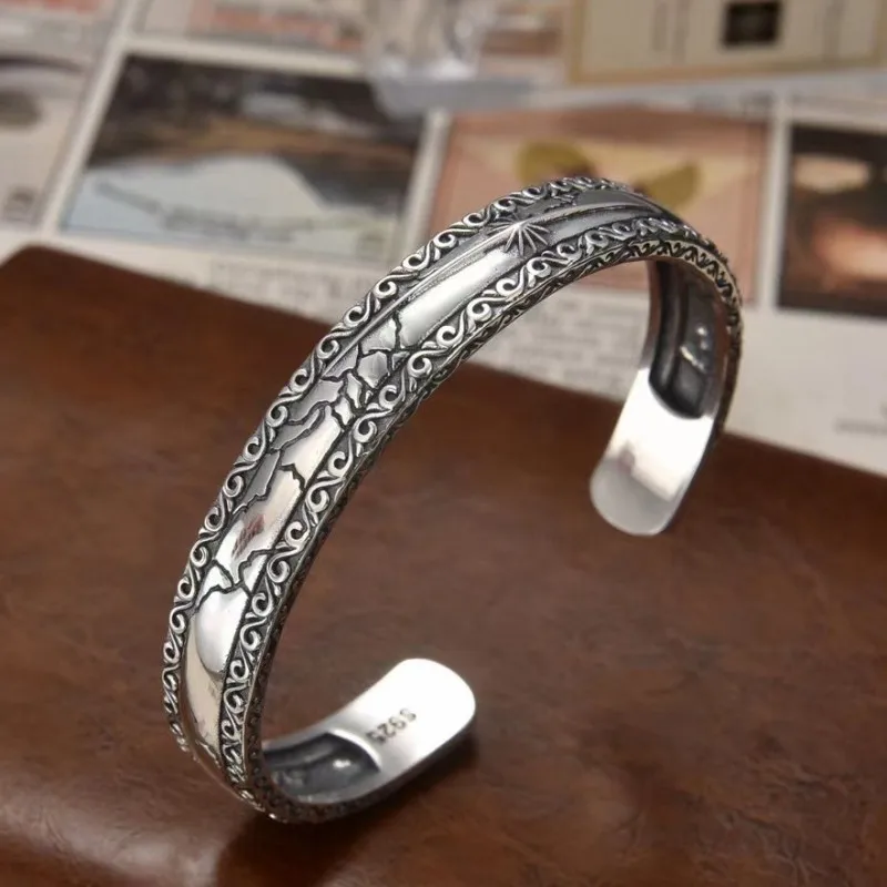 S925 Sterling Silver Bracelets for Women Men New Fashion Eternal Vine Sunflower Fissure Pattern Bangle Punk  Jewelry Adjustable