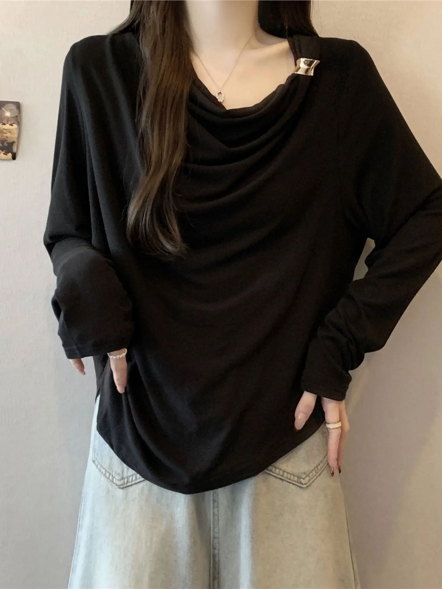 

Женская футболка Ele Bla Long Sve T-irt, весенняя новинка, больших размеров, приталенная, с асимметричным дизайном, повседневная, стильная.