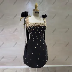 Shinning Rhinestones Black Short Party Dresses Spaghetti Straps Chic Women Formal Occasion Dress Square-Neck Homecoming Gown