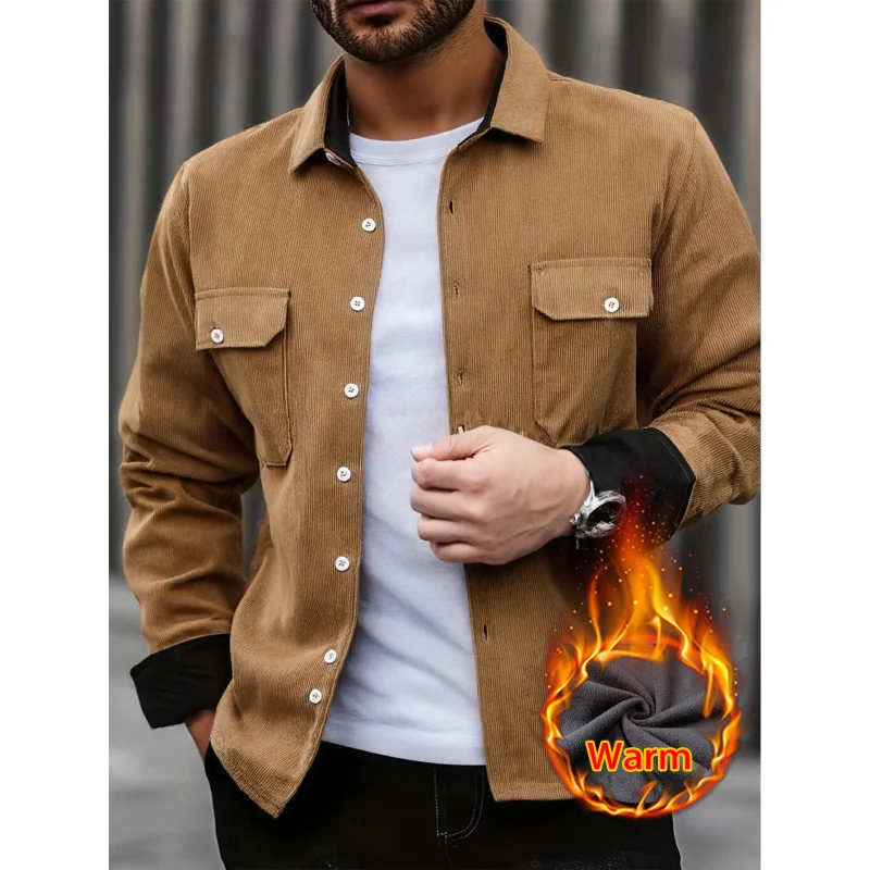 Herren Winter Neuheiten: Beliebtes Cordhemd mit Fleecefutter in Übergröße, Warmes Langarmhemd im Amerikanischen Retro-Stil