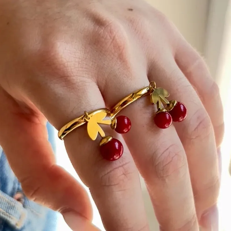 Fashion Cherry Bell Design Pendant Adjustable Ring for Women Personalized Stainless Steel Finger Joint Ring Jewelry Accessories