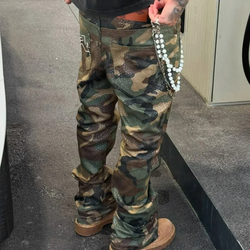 Y2K Retro Streetwear Python Camo Snake PatternJeans Glossy Coating Snake Denim Pants New Hip Hop Unisex Baggy Straight Leg Pants