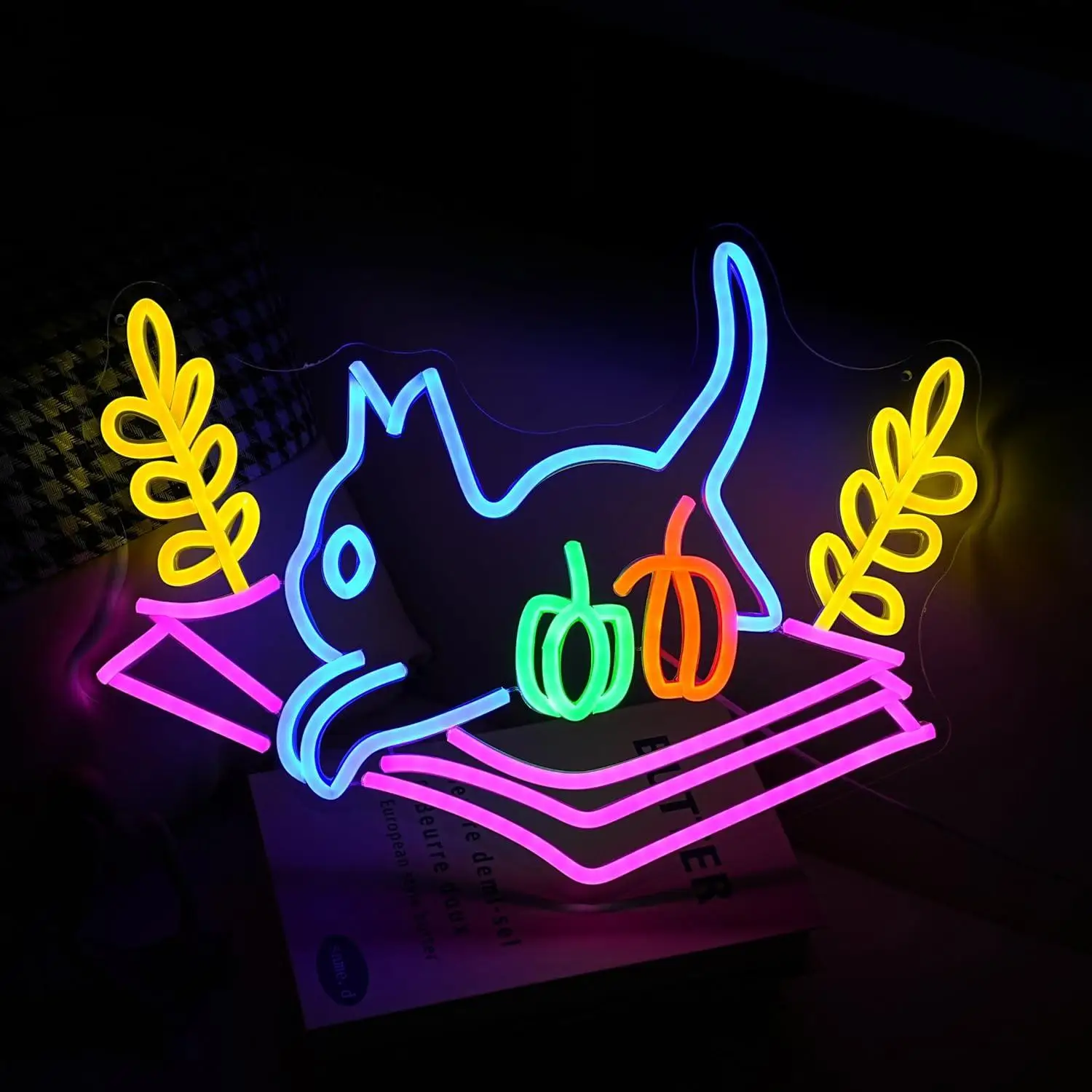 Cat Book Neon Sign Cartoon Cat Learning USB Dimmable LED Neon Lights for Bookstore Kids Bedroom Store Wedding Classroom Decor