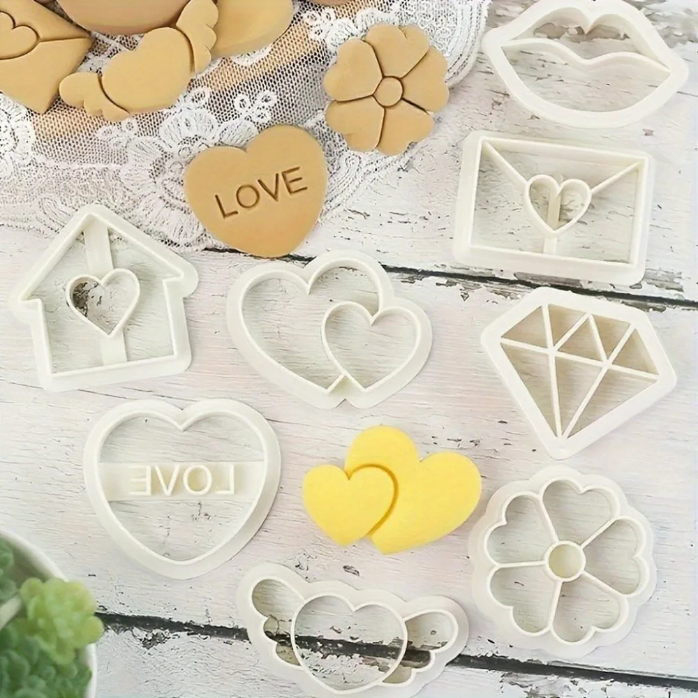8Pcs Valentine's Day Cookie Cutter Set, Flower LOVE Heart Diamond & Lips Molds for Wedding Memory Party Baking