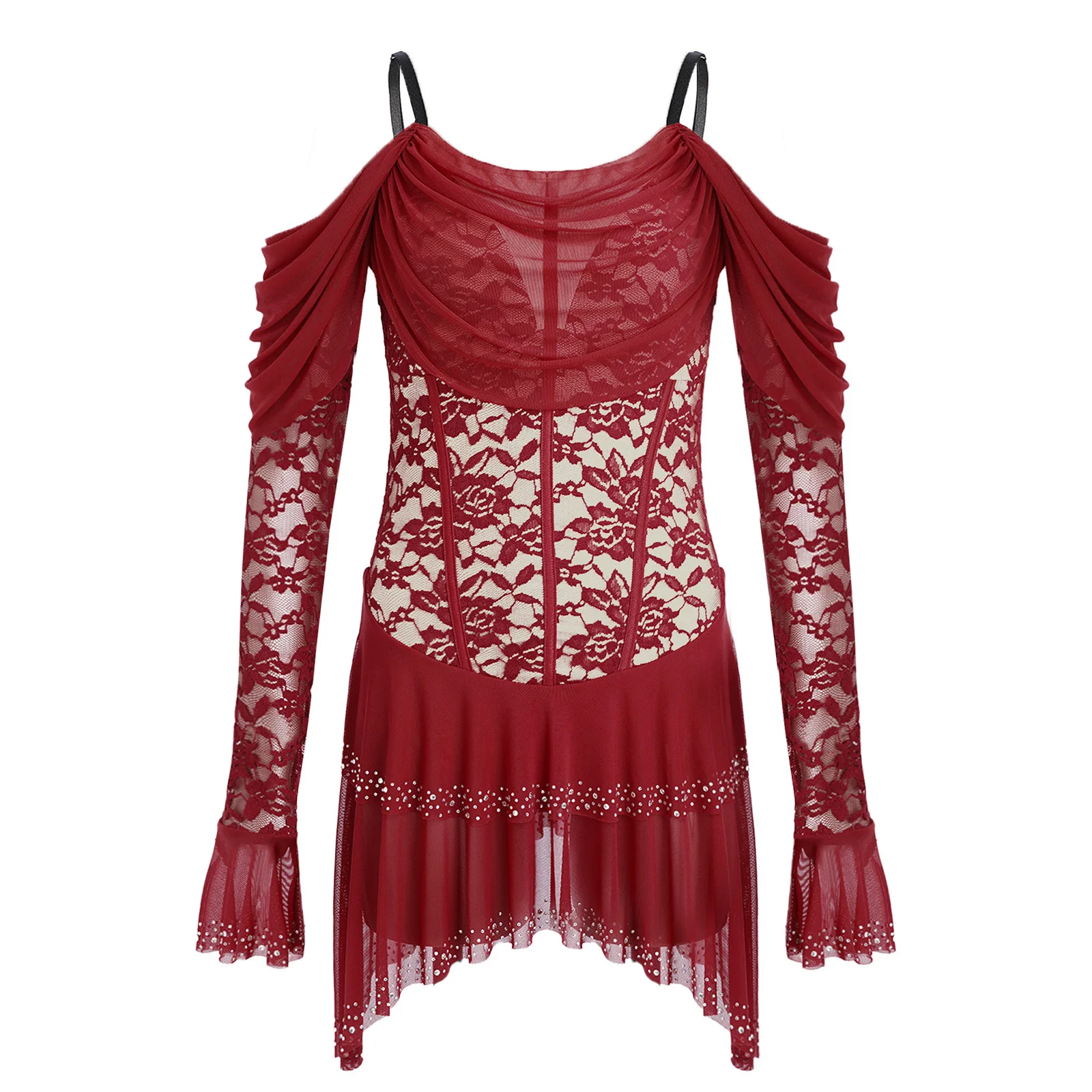

Women Jazz Cha-cha Tango Lyrical Dance Performance Costume Cold Shoulders Floral Lace Sleeve Leotards Ruched Mesh Bodysuit Dress