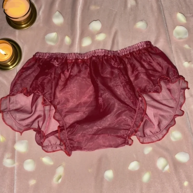 

Сексуальное мужское летнее прозрачное шелковистое глянцевое нижнее белье, тюлевые трусики с оборками, прозрачные трусы для вечеринок, женское эротическое нижнее белье