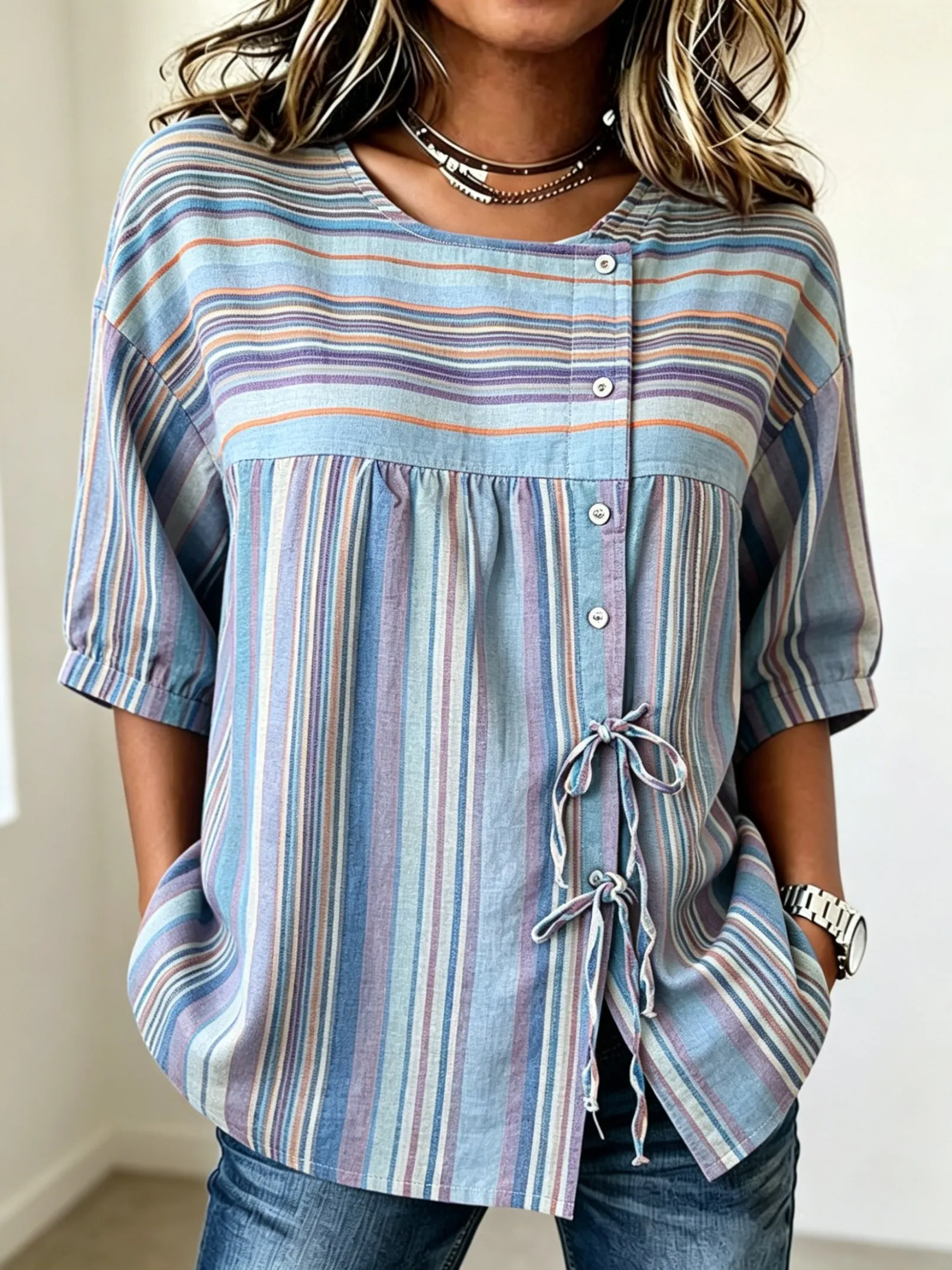 

Women's Pastel Multicolor Stripe Print Button & Tie Front Blouse, Casual Stylish Top for Spring Summer Daily & Versatile Wear