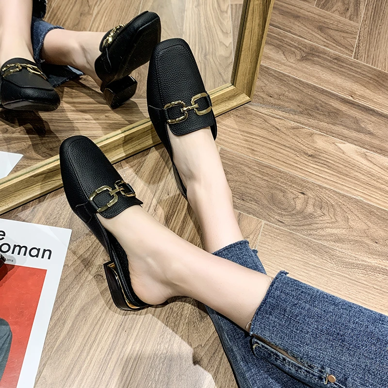 Slippers woman spring summer British style square head baotou half drag women flat sandals woman