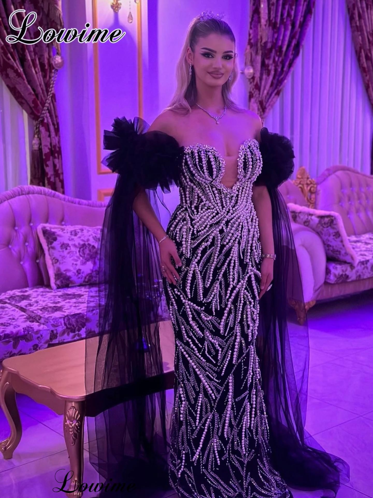 

Sweetheart Black Evening Dresses With Pearls Vintage Prom Dresses Birthday Party Dresses Mermaid robes de soirée Customized