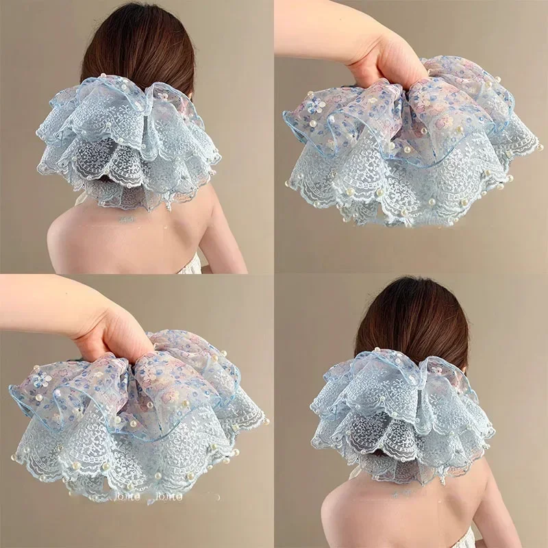 Lace Flower Pearl Large Intestine Hair Loop Women's Headband Durable Exquisite Rubber Band Hair Accessory For Women