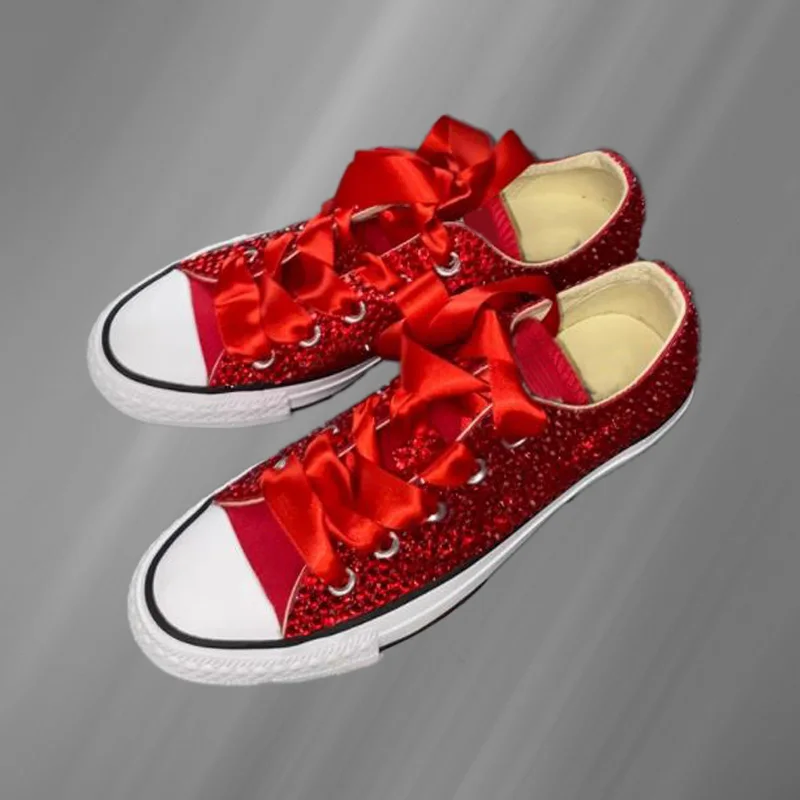 Red Low Cut Rhinestone Ribbon Canvas Shoes Comfortable Walking Sneakers Handmade Rhinestone Vulcanized Shoes 35-46