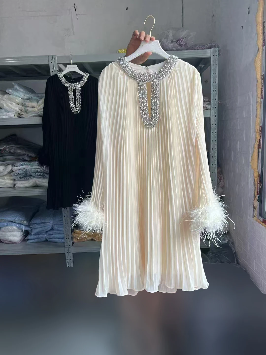 SEQINYY Elegant Mini Dress Summer Spring New Fashion Design Women Runway High Street Beading Feather Pleated A-Line Casual