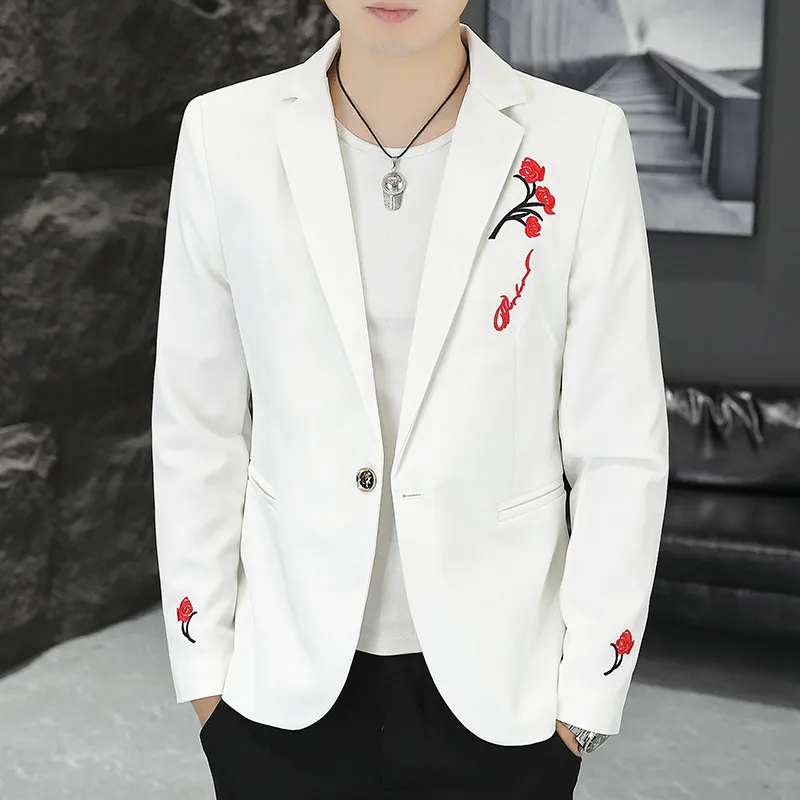 

Мужской повседневный костюм с вышивкой, приталенный, модный городской стиль, из полиэфирного волокна, не мнется, с длинным рукавом, на одной пуговице