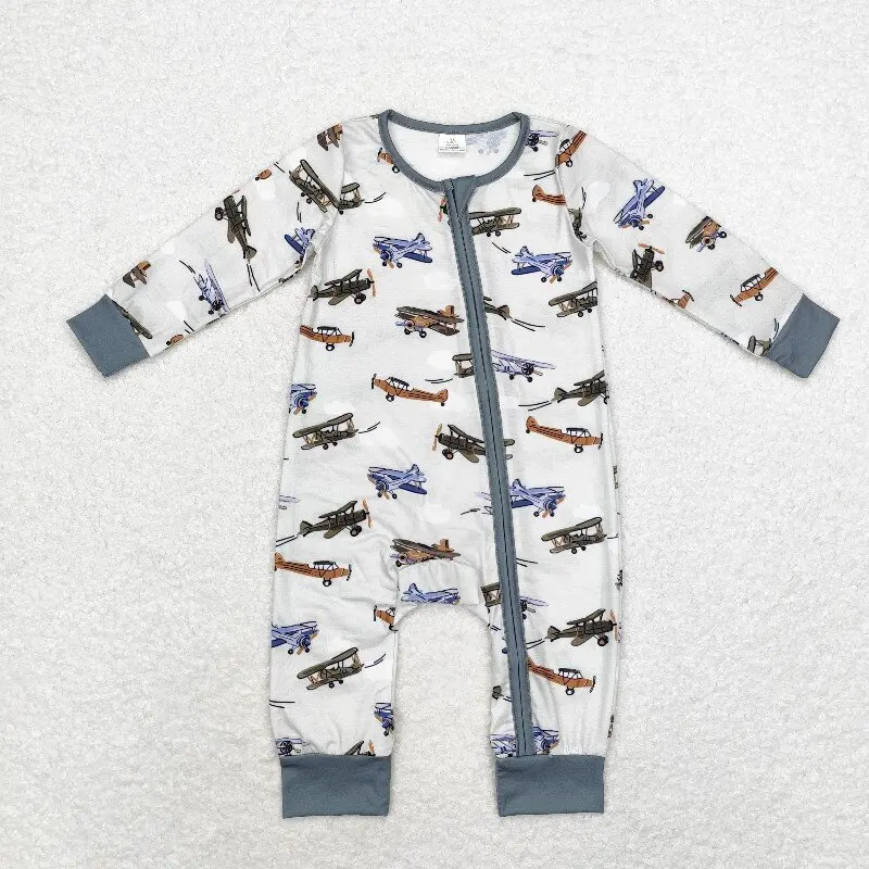 

8.21y Bamboo airplane pattern zipper long-sleeved bodysuit for boys winter baby romper wholesale boutique