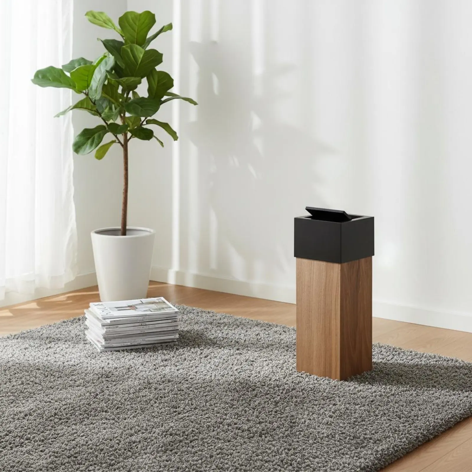 

Nordic Design Wastebasket Space-Saving Wooden Trash Can Square Garbage Can with Lid Slim Wood Grain Trash Bin for Office
