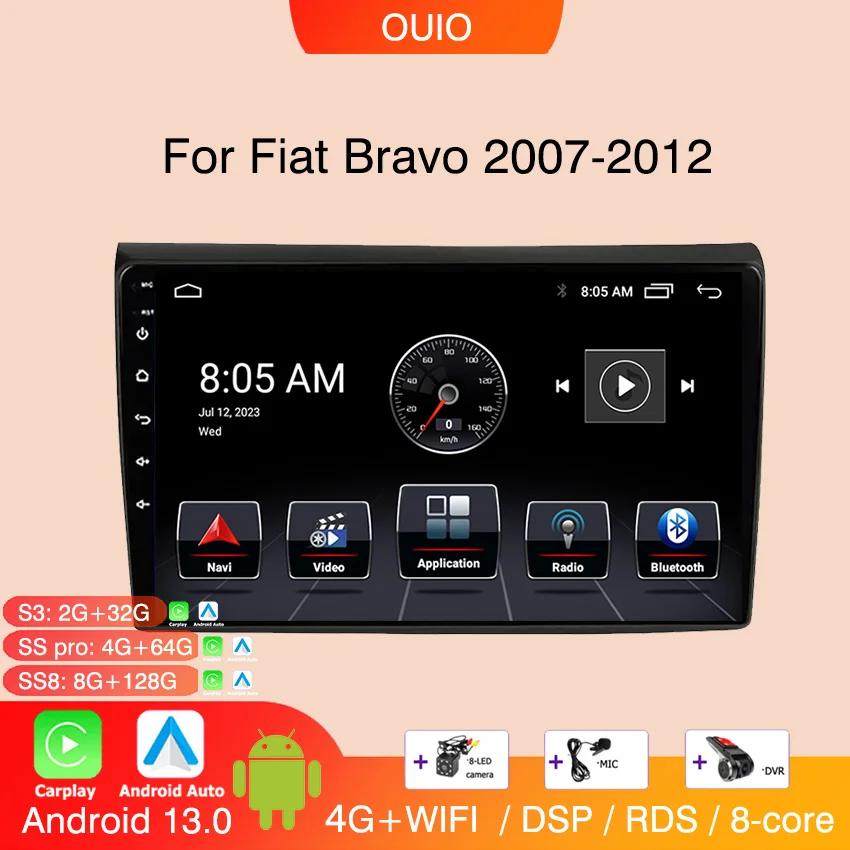 

Автомагнитола 2DIN для Fiat Bravo 128 2007 2008-2009, 8 ГБ + 2012 ГБ, 4G, Android 13, мультимедийный плеер для Carplay, GPS-навигация