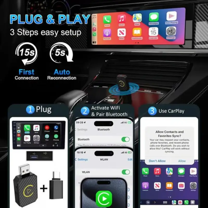 Adattatore wireless Carplay Android Auto 2 in 1 Mini Box Plug & Play Dongle wireless BT WiFi per auto CarPlay/Andriod cablate