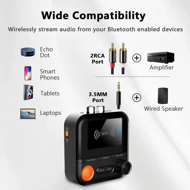 Bluetooth 5.2 Audio Transmitter Receiver 2 In 1 5 EQ Modes 3.5mm AUX RCA Jack Stereo Wireless Adapter for TV PC Car Kit Speaker