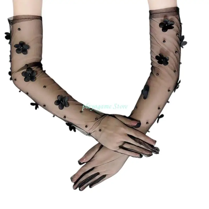 Y88A Gants fleurs dentelle extensible