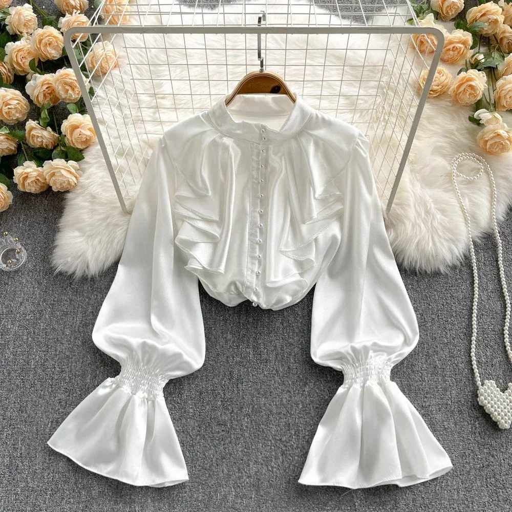 Elegant Vintage Ruffle Blouse Vintage Puff Long Sleeve Korean Fashion Sweet Top Women Chic Goth Spring Autumn Shirt