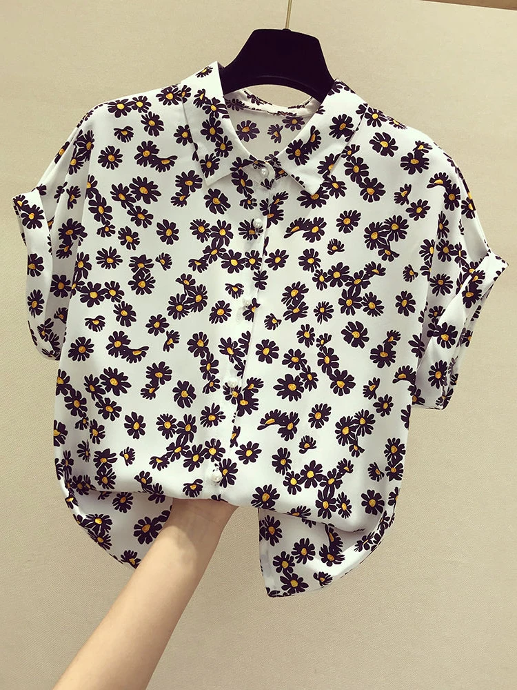 Woherb 2024  S-4XL Chiffon Blouse Women Casual Loose Shot Sleeve Tops Shirt Cute Kawaii Cat Print Blusas Mujer Summer