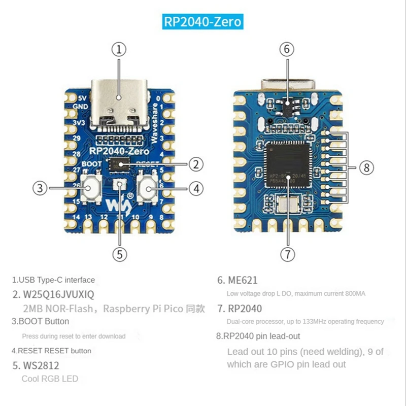 Waveshare 5 Pcs RP2040-Zero RP2040 Pour Raspberry Pi Microcontrôleur PICO Développement Conseil Tech touristes-Core Cortex M0 + Processeur