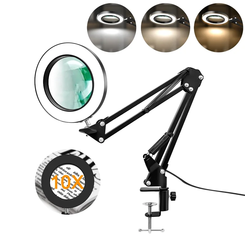ABFI 10X Magnifier Desk Lamp, 2-In-1 LED Magnifying Glass With Light , Hands-Free Lighted Magnifier With 3 Color Modes