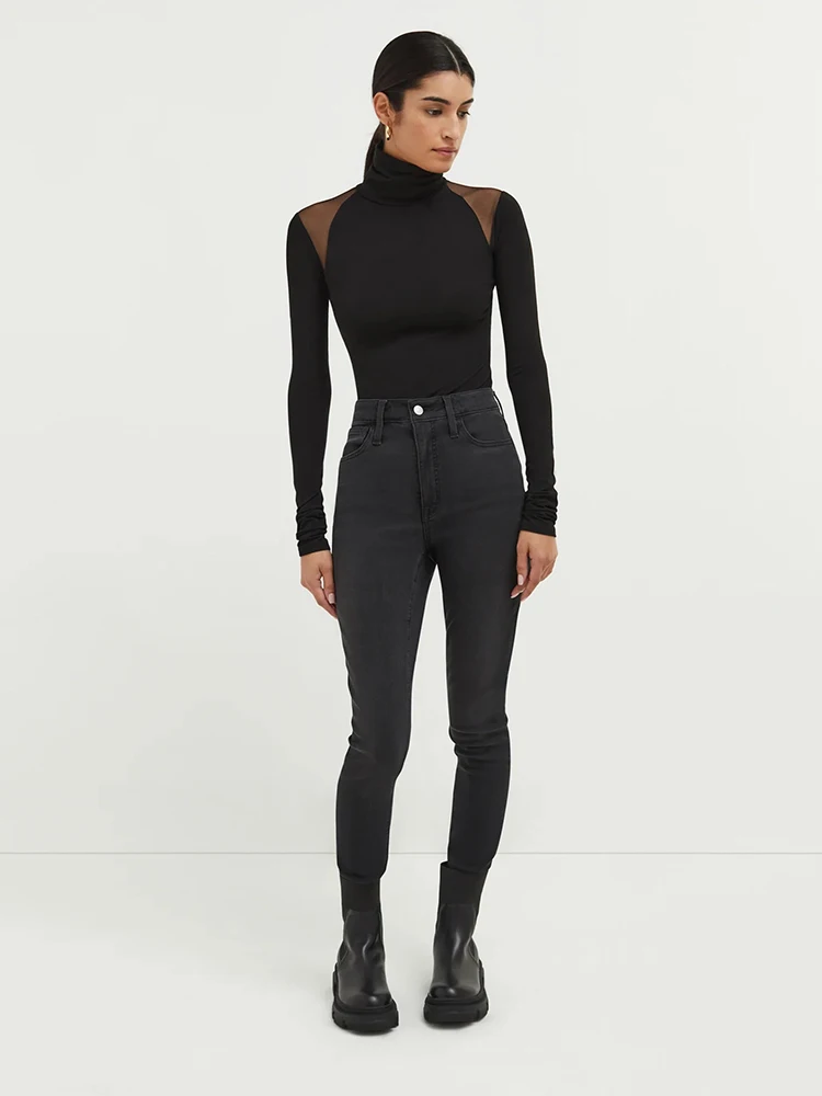 Ahagaga Fashion Sexy Patchwork Bodysuits Women Solid Full Sleeve Streetwear Regular Casual Slim Elegant Ropmers Tops Turtleneck