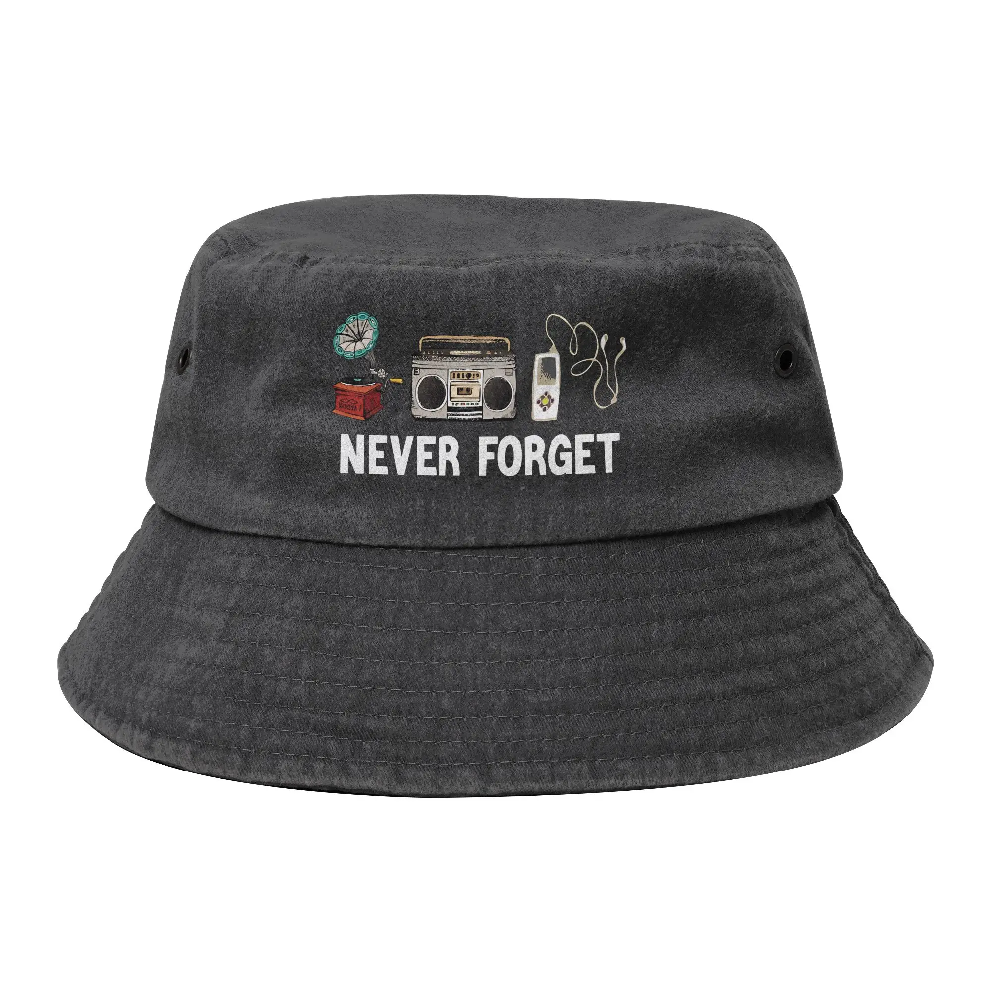 Never Forget Radio Music Bucket Hats for Unisex Summer Distressed Denim Washed Sun Hats for Hiking Fishing Fisherman Cap Bob Hat