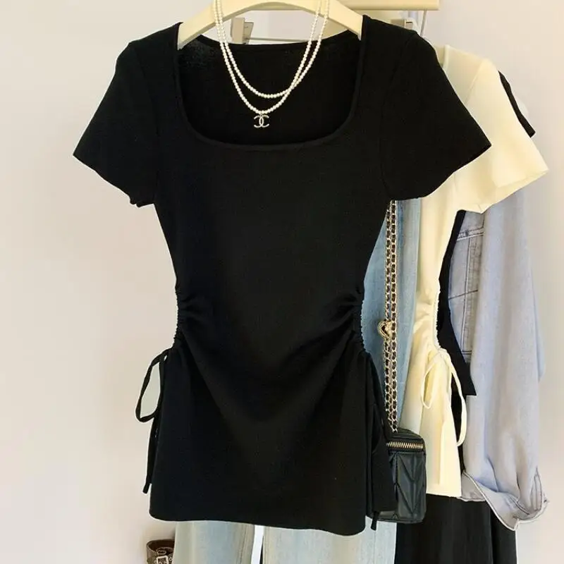 2026New Summer Women Mid To Long Square Neck Short Sleeved Tshirt Fashion Versatile with Pleats Waist Straps Comforttshirttops