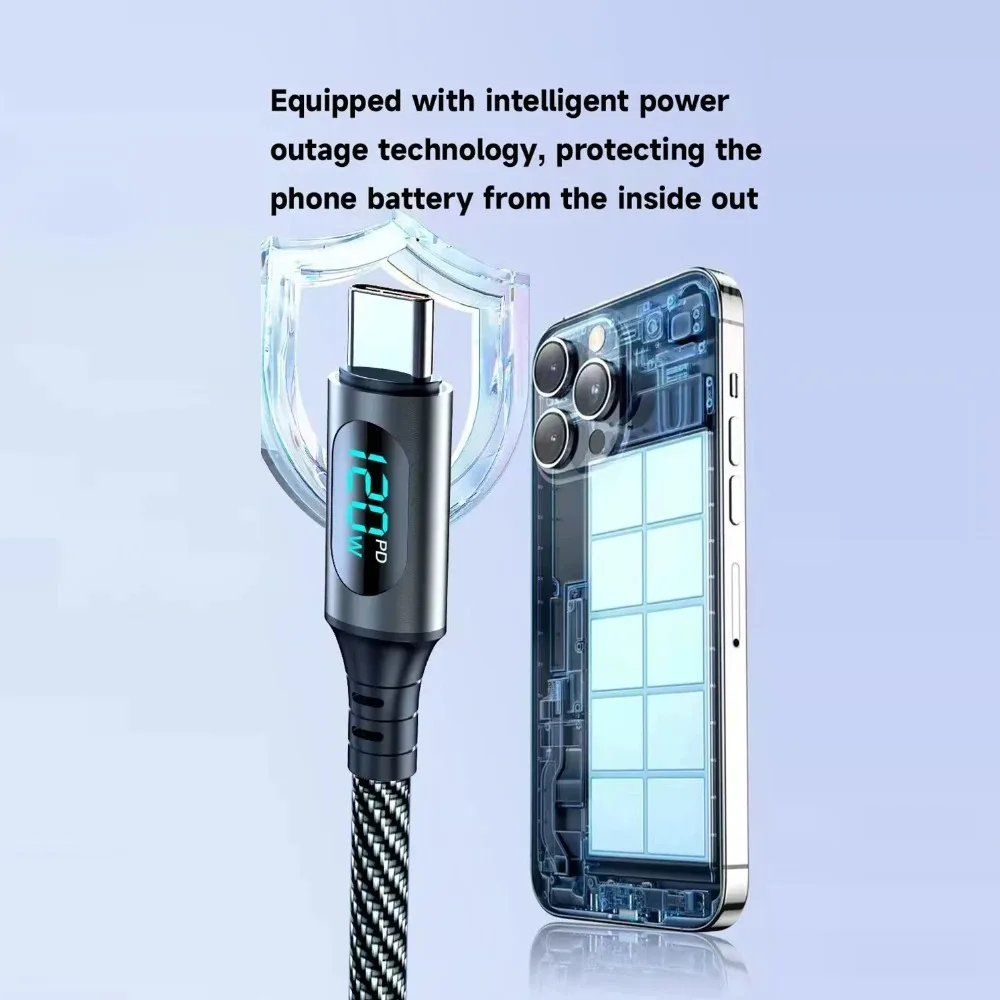 PD 120 واط 6A شحن سريع كابل بيانات الهاتف Led كابل العرض الرقمي لشاومي هواوي سامسونج ممن لهم USB نوع C أسلاك الشحن السريع