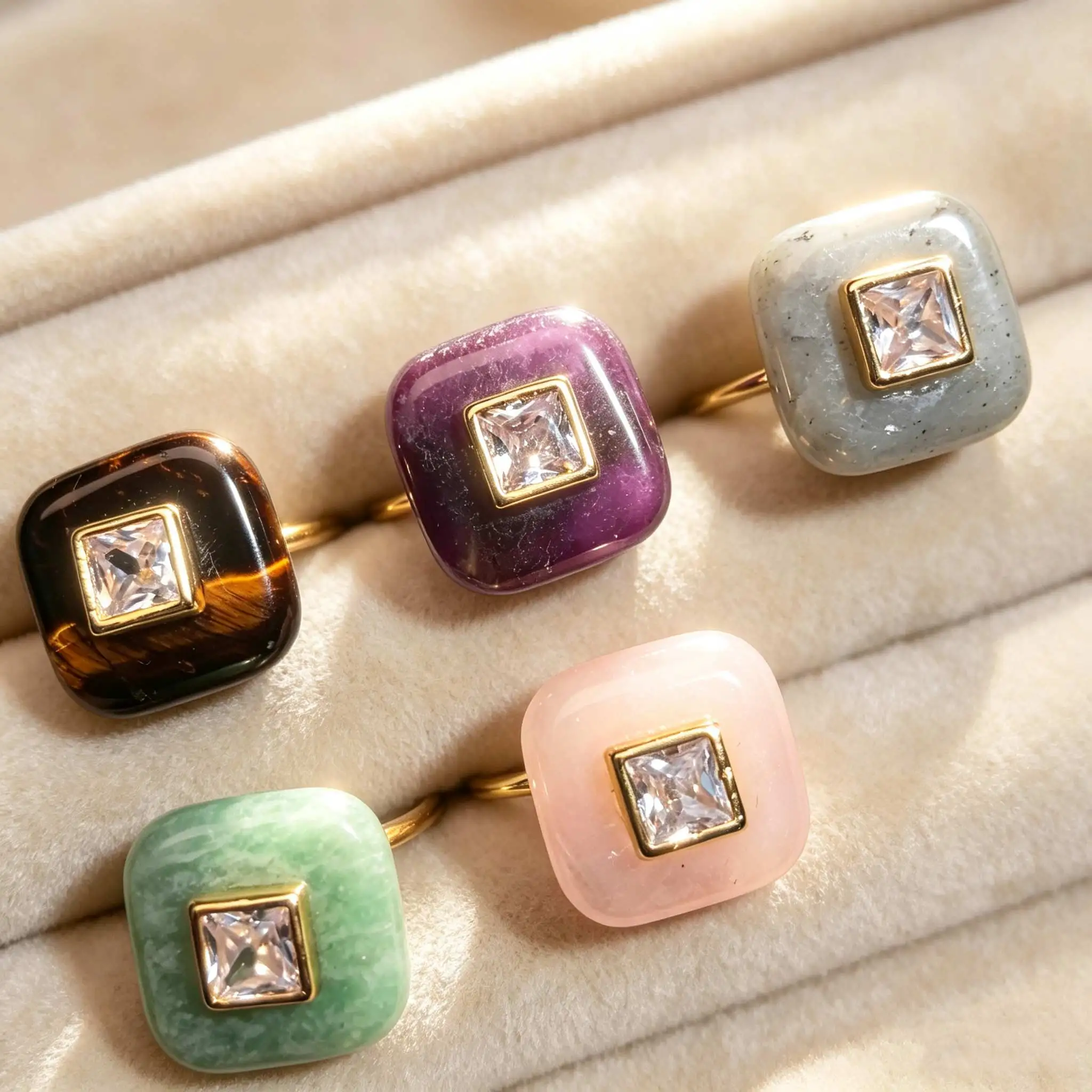1pc Natural Square Stone Ring With Zircon Paved Fine Handmade Ring Crafts Jewelry Accessory For Women
