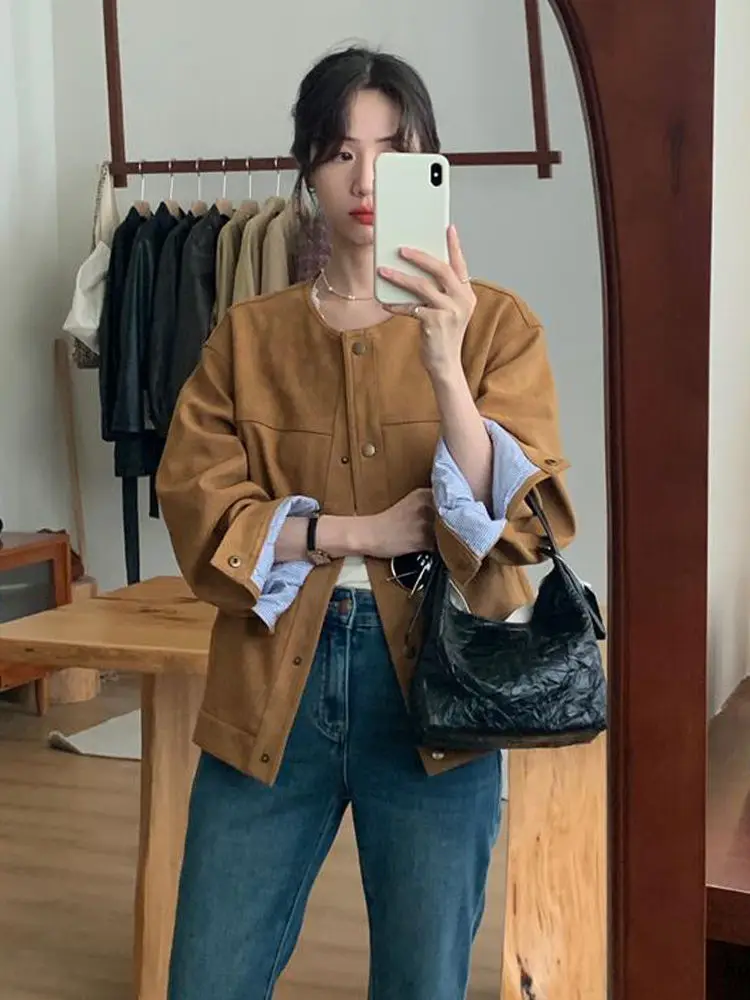 Chic Suede Short Jacket Women Korean Camel Fashion Long Sleeve Flight Harajuku Single Breasted Loose Tops Female Vintage Coats