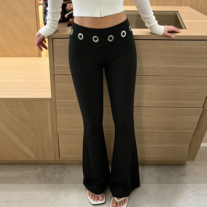 OMSJ Hot Girls High Street Slim Fit Micro Flare Pants Metal Eyelet Decorative Low-waisted Solid Stylish Leisure Stretch Trousers