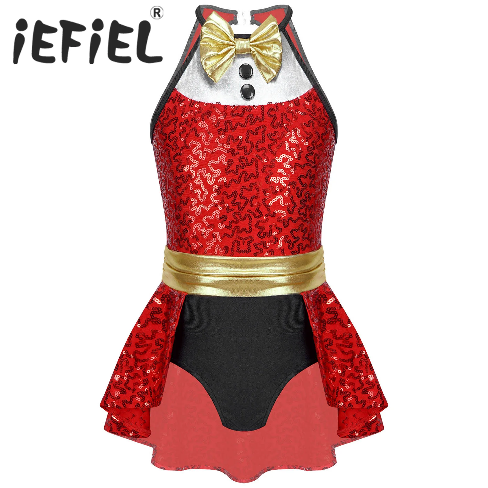 

Kids Girls Christmas Costume Halloween Cosplay Jumpsuit Xmas Party Dress UP Bowknot Back Sequins Bronzing Cloth Stage Dancewear