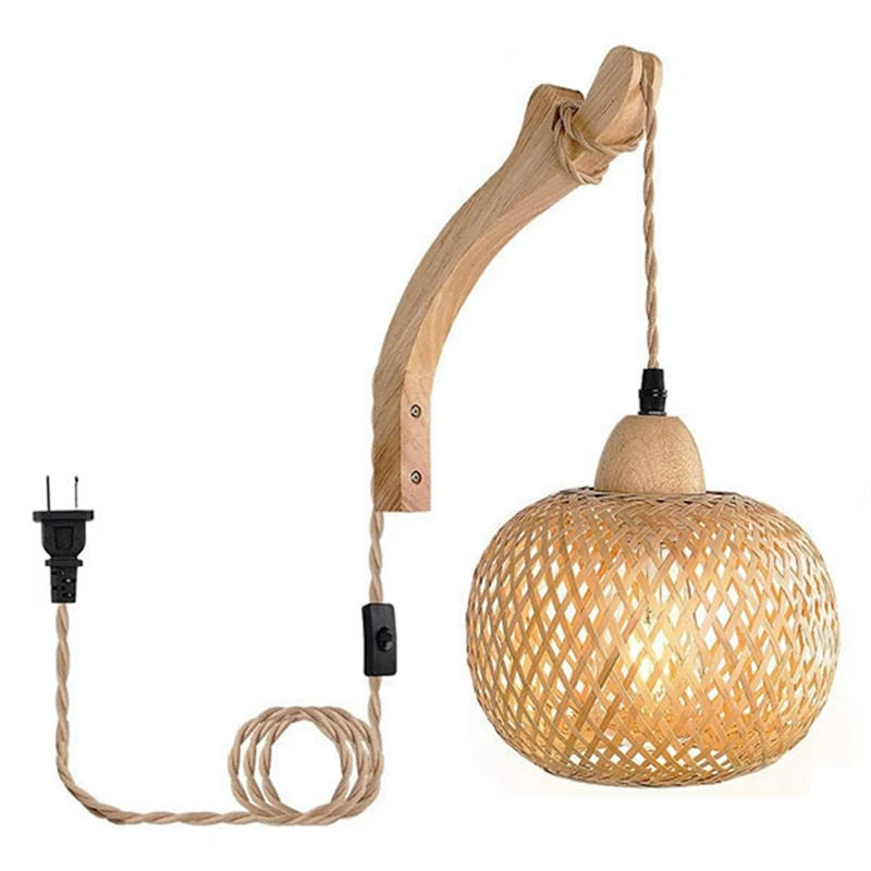 

A42I-Retro Japanese Style Bamboo Bedside Wall Lamp Restaurant Rattan Lampmine Bedroom Background Wall Lamps US Plug